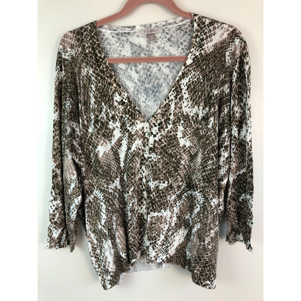 Roz & Ali Snakeskin Print Cardigan 3X Buttons 3/4 Sleeves